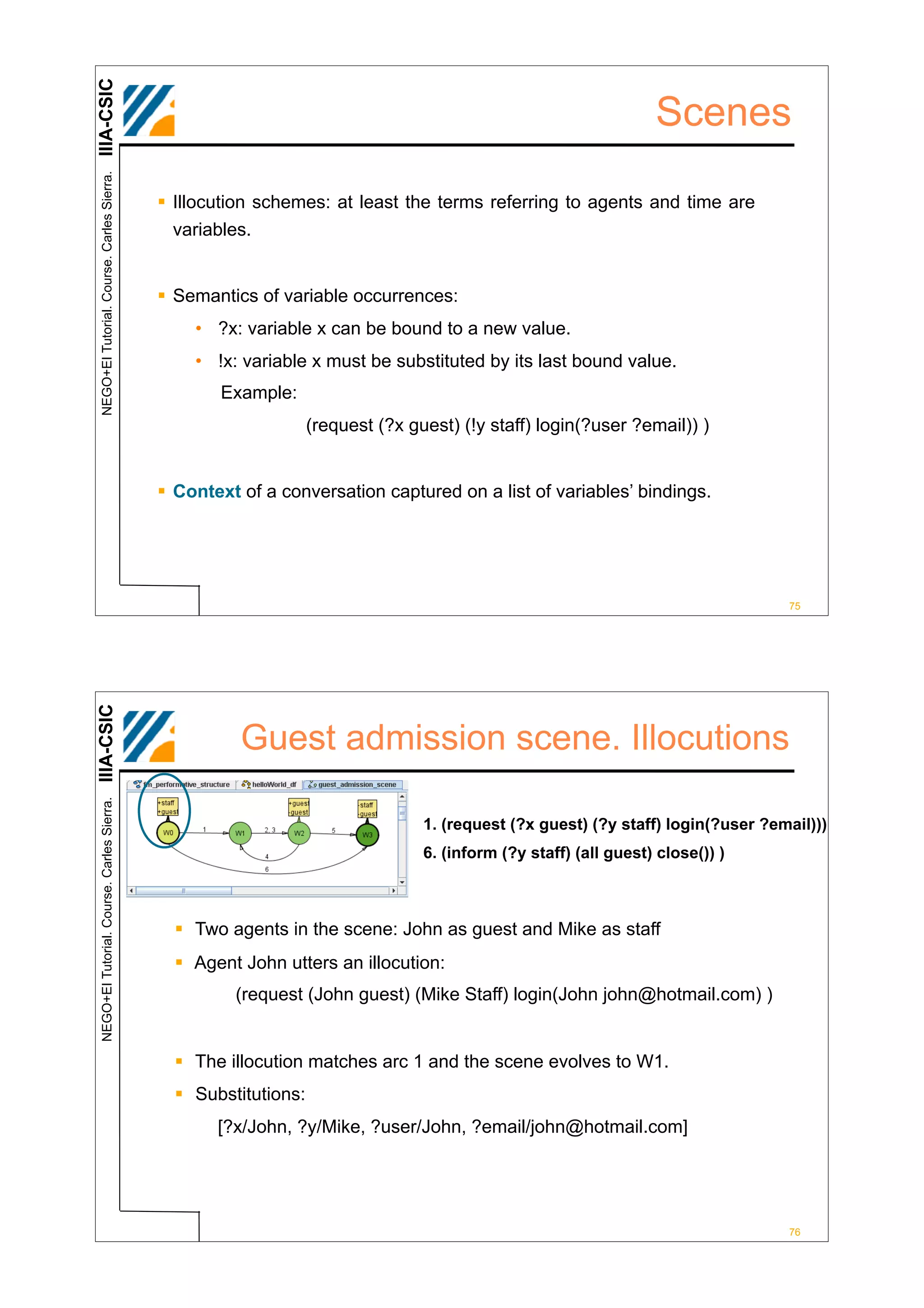 IIIA-CSIC
 NEGO+EI Tutorial. Course. Carles Sierra.
                                                                                                                 Scenes

                                            ! Illocution schemes: at least the terms referring to agents and time are
                                              variables.


                                            ! Semantics of variable occurrences:
                                                • ?x: variable x can be bound to a new value.
                                                • !x: variable x must be substituted by its last bound value.
                                                    Example:
                                                                 (request (?x guest) (!y staff) login(?user ?email)) )


                                            ! Context of a conversation captured on a list of variables’ bindings.




                                                                                                                                 75
IIIA-CSIC




                                                      Guest admission scene. Illocutions
 NEGO+EI Tutorial. Course. Carles Sierra.




                                                                                1. (request (?x guest) (?y staff) login(?user ?email)))
                                                                                6. (inform (?y staff) (all guest) close()) )



                                              ! Two agents in the scene: John as guest and Mike as staff
                                              ! Agent John utters an illocution:
                                                     (request (John guest) (Mike Staff) login(John john@hotmail.com) )


                                              ! The illocution matches arc 1 and the scene evolves to W1.
                                              ! Substitutions:
                                                   [?x/John, ?y/Mike, ?user/John, ?email/john@hotmail.com]




                                                                                                                                 76
 