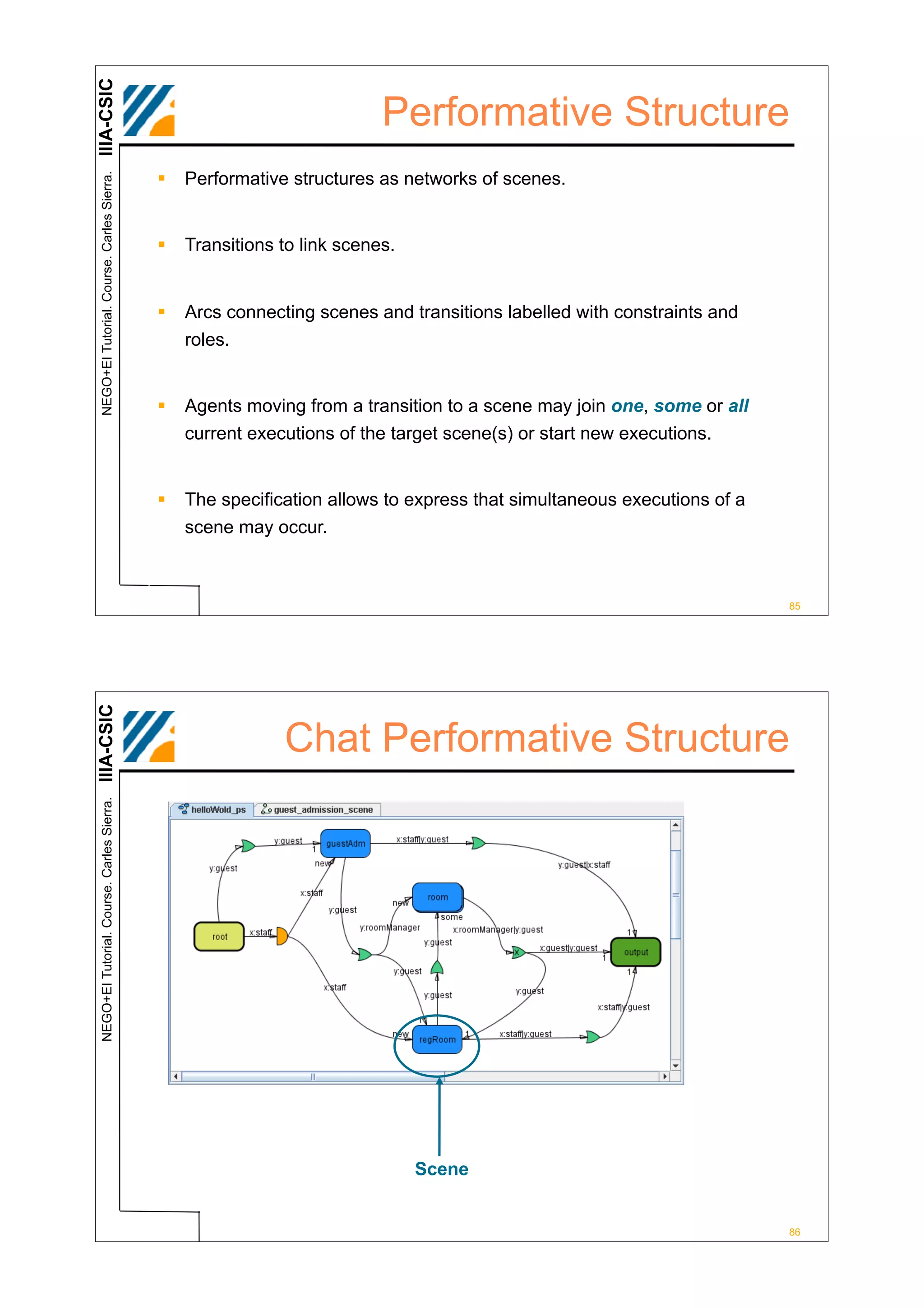 IIIA-CSIC
                                                                         Performative Structure
                                            !   Performative structures as networks of scenes.
 NEGO+EI Tutorial. Course. Carles Sierra.




                                            !   Transitions to link scenes.


                                            !   Arcs connecting scenes and transitions labelled with constraints and
                                                roles.


                                            !   Agents moving from a transition to a scene may join one, some or all
                                                current executions of the target scene(s) or start new executions.


                                            !   The specification allows to express that simultaneous executions of a
                                                scene may occur.



                                                                                                                        85
IIIA-CSIC




                                                            Chat Performative Structure
 NEGO+EI Tutorial. Course. Carles Sierra.




                                                                              Scene


                                                                                                                        86
 