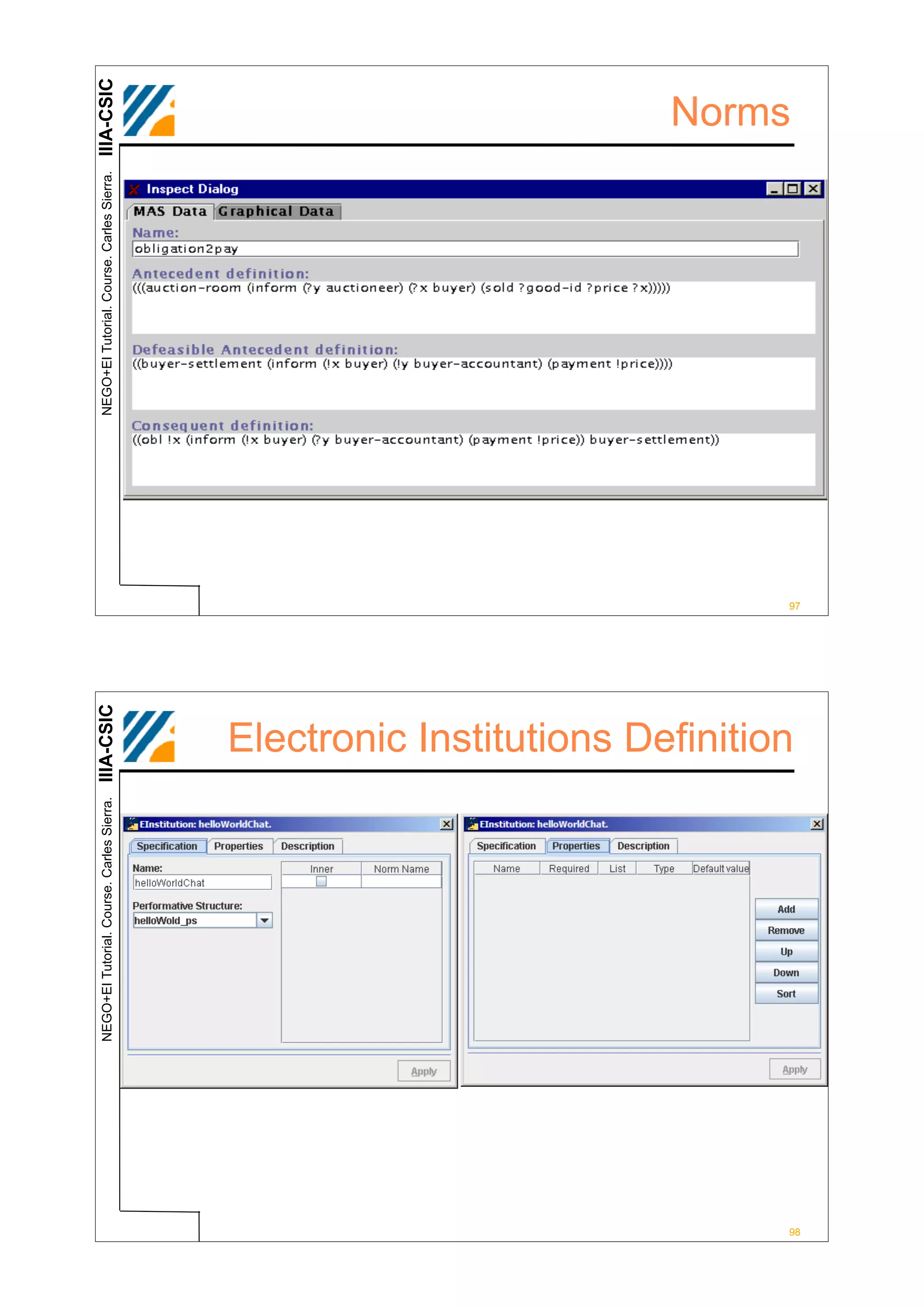 NEGO+EI Tutorial. Course. Carles Sierra.   IIIA-CSIC                                   NEGO+EI Tutorial. Course. Carles Sierra.   IIIA-CSIC
                                                                                                                                         Norms




                                                  Electronic Institutions Definition




98
                                                                                       97
 