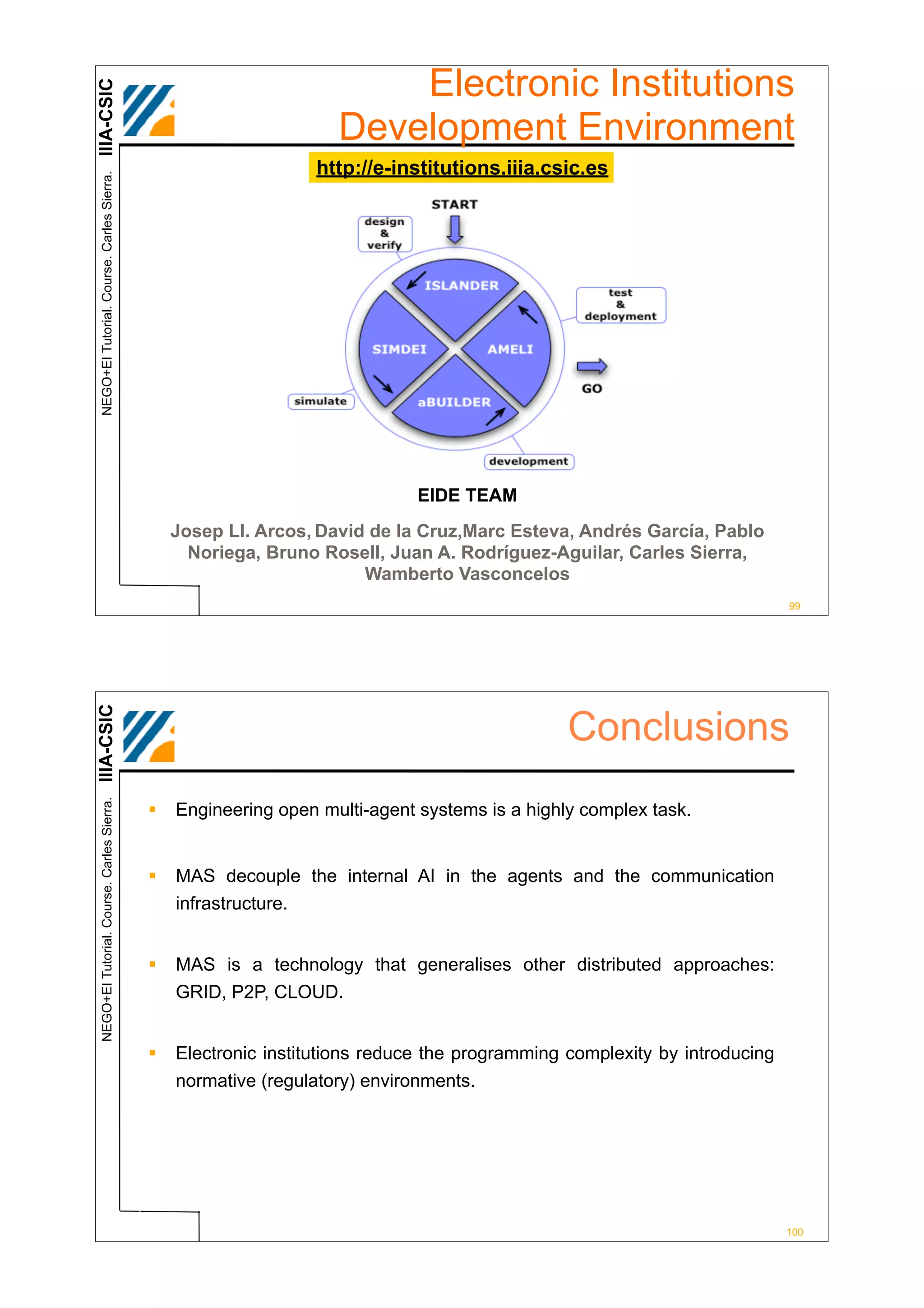 IIIA-CSIC
                                                                       Electronic Institutions
                                                                   Development Environment
                                                                http://e-institutions.iiia.csic.es
 NEGO+EI Tutorial. Course. Carles Sierra.




                                                                             EIDE TEAM
                                                Josep Ll. Arcos, David de la Cruz,Marc Esteva, Andrés García, Pablo
                                                  Noriega, Bruno Rosell, Juan A. Rodríguez-Aguilar, Carles Sierra,
                                                                      Wamberto Vasconcelos
                                                                                                                           99




                                                                                               Conclusions
IIIA-CSIC
 NEGO+EI Tutorial. Course. Carles Sierra.




                                            !   Engineering open multi-agent systems is a highly complex task.


                                            !   MAS decouple the internal AI in the agents and the communication
                                                infrastructure.


                                            !   MAS is a technology that generalises other distributed approaches:
                                                GRID, P2P, CLOUD.


                                            !   Electronic institutions reduce the programming complexity by introducing
                                                normative (regulatory) environments.




                                                                                                                           100
 