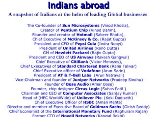 Indians abroad <ul><li>A snapshot of Indians at the helm of leading Global businesses  </li></ul><ul><li>The Co-founder of...