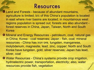 Resources Land and Forests - because of abundant mountains, agriculture is limited; b/c of this China’s population is located in east where river basins are located; in mountainous west regions population is spread out; forests are also abundant - forest reserves in China, Japan, Taiwan, North and South Korea Mineral and Energy Resources - petroleum, coal, natural gas in China; Korea - coal reserves; Japan - fish, coal; mineral resources - China has iron ore, tungsten, manganese, molybdenum, magnesite, lead, zinc, copper; North and South Korea have tungsten, gold, silver reserves; Japan has lead, silver, coal Water Resources - China’s systems provide crop irrigation, hydroelectric power, transportation, electricity; also, water resources provide fish, vegetation 