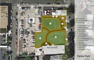 58’
128’
29’
50’
170’
24’
135’
286’
134’
47’
75’
0’ 16’ 32’ 64’
29’
2
1
mulched path
sheet mulched area
ground cover
1. San Pablo pedestrian entry
2. Parker St. vehicular and
pedestrian entry
3. information kiosk
4. compost area
5. garden staging area
6. kitchen garden
7. outdoor classroom area
8. main gathering space
9. movie wall
10. event space
11. keep existing blackberries
12. cover crop
13. Flowering perennial vine
Parker Park
3
3
4 5
6
7
8
9
10
11
12
12
12
13
13
Black Oak Books
Missouri
Lounge
Berkeley
Digital
Film
Institute
N
 