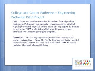 College and Career Pathways – Engineering
Pathways Pilot Project
GOAL: To create a seamless transition for students from high school
Engineering Pathways to post-secondary education aligned with highwage, high-demand, high-skill careers in the East Bay Region. To increase
persistence of PLTW students from high school to post-secondary
certificate, two- and four-year degree programs.
PARTNERS: CSU-East Bay Engineering Department Faculty; PLTW
teachers in West Contra Costa, Mt. Diablo, Pittsburg and Antioch unified
school districts; Contra Costa Economic Partnership STEM Workforce
Initiative, Chevron Richmond Refinery.

 
