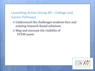Launching Action Group #4 – College and
Career Pathways
 Understand

the challenges students face and
existing research-based solutions
 Map and increase the visibility of
STEM assets

 