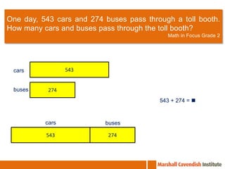 One day, 543 cars and 274 buses pass through a toll booth.
How many cars and buses pass through the toll booth?
                                           Math in Focus Grade 2




 cars            543


 buses     274
                                         543 + 274 = 


          cars            buses

          543              274
 