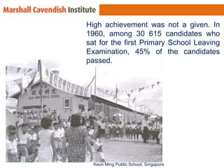 High achievement was not a given. In
1960, among 30 615 candidates who
sat for the first Primary School Leaving
Examination, 45% of the candidates
passed.




  Keon Ming Public School, Singapore
 