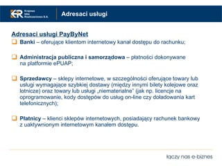 Adresaci usługi <ul><li>Adresaci usługi PayByNet </li></ul><ul><li>Banki  – oferujące klientom internetowy kanał dostępu d...