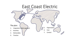 East Coast Electric
The plan:
1. Integrated market approach
2. Activities
3. Deliverables
4. Value Chain
5. Timeline
6. Organization
7. Cost
8. Contact
 