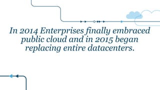 In 2014 Enterprises finally embraced
public cloud and in 2015 began
replacing entire datacenters.
 