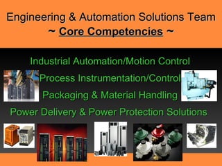 Engineering & Automation Solutions Team ~  Core Competencies  ~ Industrial Automation/Motion Control Process Instrumentation/Control Packaging & Material Handling Power Delivery & Power Protection Solutions     