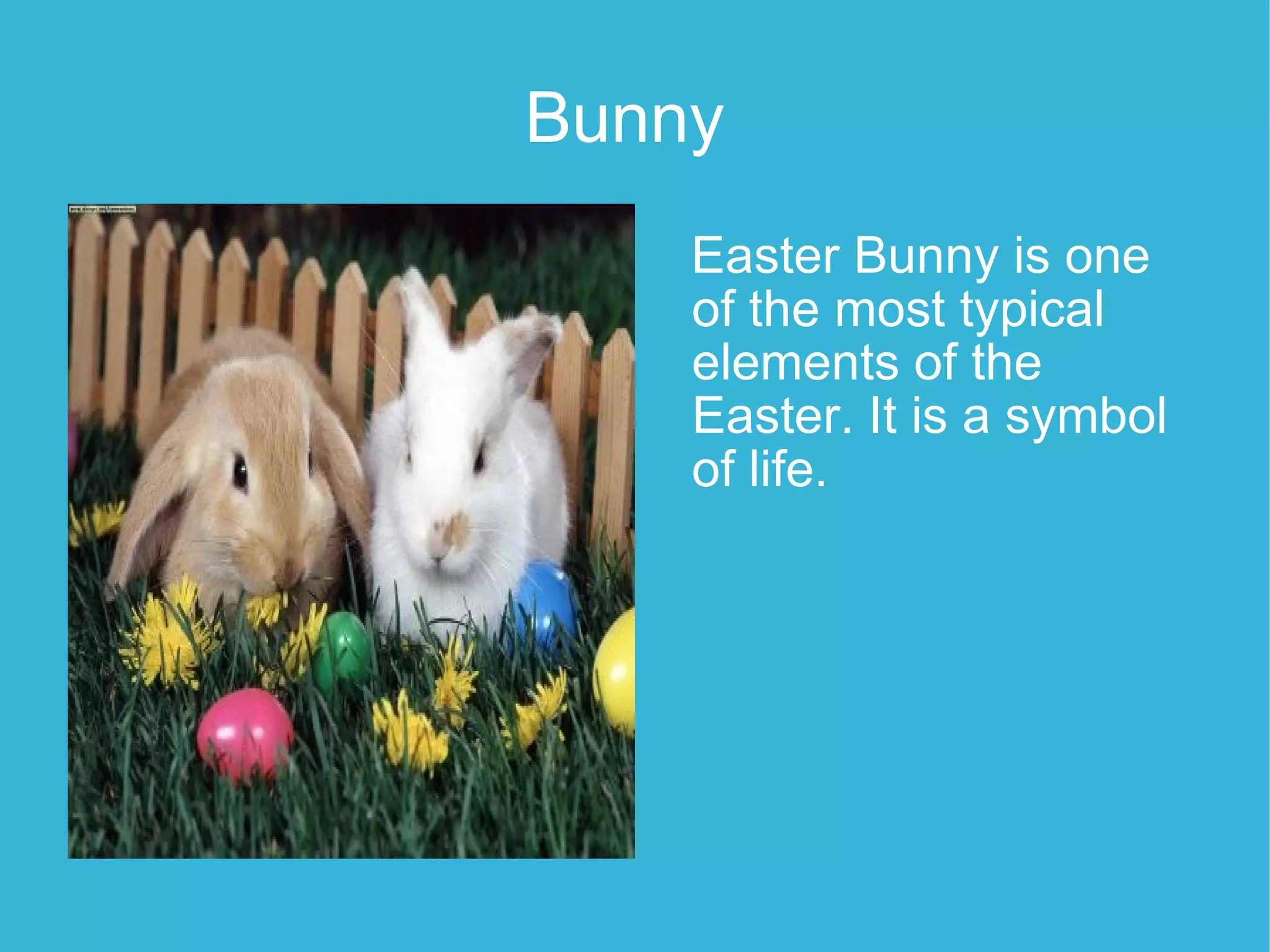 Bunny   Easter Bunny is one of the most typical elements of the Easter. It is a symbol of life. 