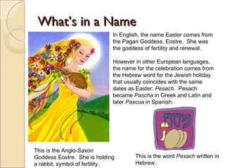 What’s in a Name In English, the name Easter comes from the Pagan Goddess, Eostre.  She was the goddess of fertility and renewal.  However in other European languages, the name for the celebration comes from the Hebrew word for the Jewish holiday that usually coincides with the same dates as Easter:  Pesach .  Pesach became  Pascha  in Greek and Latin and later  Pascua  in Spanish. This is the Anglo-Saxon Goddess Eostre.  She is holding a rabbit, symbol of fertility. This is the word  Pesach  written in Hebrew. 