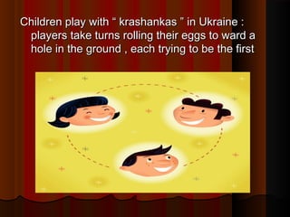 Children play withChildren play with ““ krashankaskrashankas ”” in Ukraine :in Ukraine :
players take turns rolling their eggs to ward aplayers take turns rolling their eggs to ward a
hole in the ground , each trying to be the firsthole in the ground , each trying to be the first
 