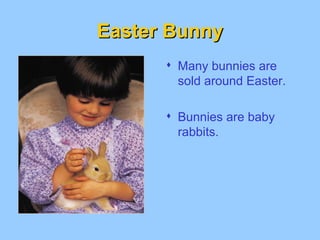 Easter Bunny Many bunnies are sold around Easter. Bunnies are baby rabbits.