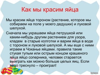 Как мы красим яйца
Мы красим яйца тороном (растение, которое мы
собираем на поле у моего дедушки) и луковой
шелухой.
Сначала мы украшаем яйца петрушкой или
каким-нибудь другим растением для узора,
кладем в старые колготки и варим яйца в воде
с тороном и луковой шелухой. А мы еще с ними
играем в Чоканье яйцами. правила такие
стукая тупым или острым концом крашеного
яйца яйцо соперника, человек старается
выиграть как можно больше целых яиц. Если
яйцо треснуло – проиграл!
 
