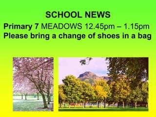 SCHOOL NEWS
Primary 7 MEADOWS 12.45pm – 1.15pm
Please bring a change of shoes in a bag
 
