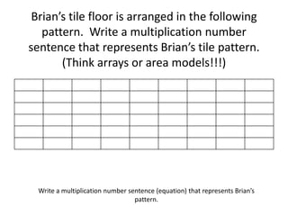 Brian’s tile floor is arranged in the following
pattern. Write a multiplication number
sentence that represents Brian’s tile pattern.
(Think arrays or area models!!!)
Write a multiplication number sentence (equation) that represents Brian’s
pattern.
 