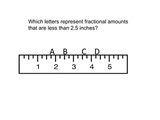 A B C D
Which letters represent fractional amounts
that are less than 2.5 inches?
 