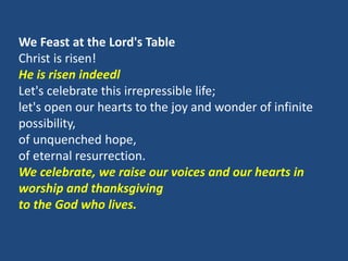 We Feast at the Lord's Table
Christ is risen!
He is risen indeedl
Let's celebrate this irrepressible life;
let's open our ...