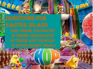 Questions for
easter island
• Are there coconuts?
• is there chocolate?
• Is there any people?
• Is ester bunny real?