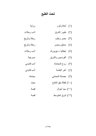 -925-
‫الطبع‬ ‫تحت‬
(1)‫كرم‬ ‫أحبلم‬‫رواٌة‬
(1)‫الشرق‬ ‫طٌور‬‫رحبلت‬ ‫أدب‬
(3)‫وحلب‬ ‫مصر‬‫وتارٌخ‬ ‫رحلة‬
(4)‫ومصر‬ ‫دمشق‬‫وتارٌخ‬ ‫رحلة‬
(5)‫إٌطالٌا‬–‫نٌوٌورك‬‫رحبلت‬ ‫أدب‬
(6)‫والشرق‬ ‫الفرنسٌس‬‫مسرحٌة‬
(7)‫المحاماة‬ ‫روح‬ً‫قانون‬ ‫أدب‬
(8)‫ال‬ ‫آخر‬‫جلسة‬ً‫قانون‬ ‫أدب‬
(9)ً‫المحام‬ ‫حصانة‬‫محاماة‬
(16)‫الدفاع‬ ‫حق‬ ‫كفالة‬‫بحث‬
(11)‫أحوال‬ ‫سٌد‬‫قصة‬
(11)‫المتوسط‬ ‫شرق‬‫قصة‬
 