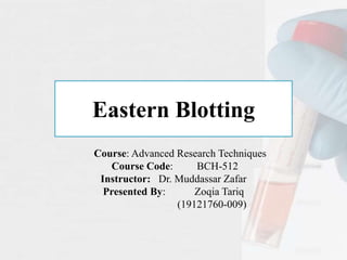 Eastern Blotting
Course: Advanced Research Techniques
Course Code: BCH-512
Instructor: Dr. Muddassar Zafar
Presented By: Zoqia Tariq
(19121760-009)
 
