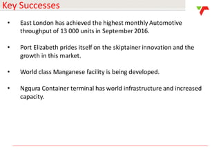 Results Announcement 2016
Key Successes
• East London has achieved the highest monthly Automotive
throughput of 13 000 units in September 2016.
• Port Elizabeth prides itself on the skiptainer innovation and the
growth in this market.
• World class Manganese facility is being developed.
• Ngqura Container terminal has world infrastructure and increased
capacity.
 