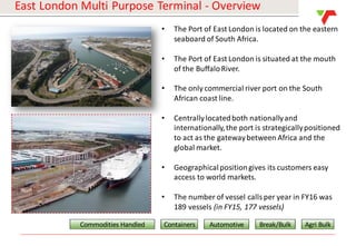 Results Announcement 2016
East London Multi Purpose Terminal - Overview
• The Port of East London is located on the eastern
seaboard of South Africa.
• The Port of East London is situated at the mouth
of the BuffaloRiver.
• The only commercial river port on the South
African coast line.
• Centrallylocatedboth nationallyand
internationally,the port is strategicallypositioned
to act as the gatewaybetween Africa and the
global market.
• Geographicalpositiongives its customers easy
access to world markets.
• The number of vessel callsper year in FY16 was
189 vessels (in FY15, 177 vessels)
Commodities Handled Containers Automotive Break/Bulk Agri Bulk
 
