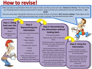 When you have an examination there are ways to make sure that you do your best.  Revision is the key.  This means that you should go back to what you have learnt in lessons, make sure that you understand it and can remember it... but HOW? Here are some ideas. Remember that you can use some of them, all of them,  BUT not just reading!  These ideas can be used if you are on your own, in pairs or groups. Test yourself and each other. Step 1: Going back over the information Read it Highlight the key points. Step 2: Representing the information You could write the key points in... Bullet points Spider diagrams Flow charts Prompt cards / post its A table A poster A cartoon strip Stick all the above on your bedroom wall and try remembering a part every day Step 3: Remembering the information without looking back.  From your key points... Read out loud. Write it down five times. Write key words on separate cards. Put them in an order of importance and explain them.  Write one key word on a piece of paper. Stick them at different points in your room. Move from one to the next and explain them. Now close your eyes, picture where each word is in the room and try to explain it. Draw a quick sketch/symbol for each key point. Can you explain what each picture/symbol is about? Step 4: Using the information Try to answer an exam question without looking back at the information. Mark your work by checking that you have included all of your information. Pick out information that you have missed out. TRY IT AGAIN. IMPROVE IT 