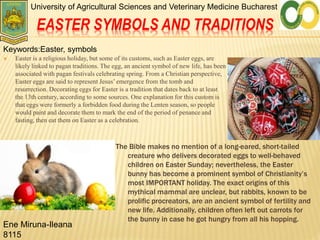 EASTER SYMBOLS AND TRADITIONS
 Easter is a religious holiday, but some of its customs, such as Easter eggs, are
likely linked to pagan traditions. The egg, an ancient symbol of new life, has been
associated with pagan festivals celebrating spring. From a Christian perspective,
Easter eggs are said to represent Jesus’ emergence from the tomb and
resurrection. Decorating eggs for Easter is a tradition that dates back to at least
the 13th century, according to some sources. One explanation for this custom is
that eggs were formerly a forbidden food during the Lenten season, so people
would paint and decorate them to mark the end of the period of penance and
fasting, then eat them on Easter as a celebration.
The Bible makes no mention of a long-eared, short-tailed
creature who delivers decorated eggs to well-behaved
children on Easter Sunday; nevertheless, the Easter
bunny has become a prominent symbol of Christianity’s
most IMPORTANT holiday. The exact origins of this
mythical mammal are unclear, but rabbits, known to be
prolific procreators, are an ancient symbol of fertility and
new life. Additionally, children often left out carrots for
the bunny in case he got hungry from all his hopping.
University of Agricultural Sciences and Veterinary Medicine Bucharest
Keywords:Easter, symbols
Ene Miruna-Ileana
8115
 