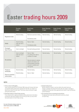 Easter trading hours 2009
                            Thursday                   Good Friday                      Easter Saturday           Easter Sunday            Easter Monday
                            9 April                    10 April                         11 April                  12 April                 13 April


                             Normal trading            Normal on-premises trading        Normal trading            Normal trading           Normal trading
  Registered clubs
                                                       No takeaway sales

                             Normal trading            Noon to 10pm                      Normal trading            Normal trading           Normal trading
  Hotels                     (also see note 2
                             below)                    No takeaway sales

  Packaged
                             5am to midnight           No retail trading permitted       Normal trading            Normal trading           Normal trading
  liquor licence

                             5am to midnight           Noon to 10pm                      Normal trading            Normal trading           Normal trading
                             (also see note 2          (in a dining room with or
                             below)                    ancilliary to a meal)

  On-premises                                          Normal trading for caterers,
                                                       airports and vessels, and
                                                       accommodation premises
                                                       for sale to residents and
                                                       their guests.

  Producer/                  Normal trading            Normal trading                    Normal trading            Normal trading           Normal trading
  wholesaler
                             Normal trading            Noon to 10pm                      Normal trading            Normal trading           Normal trading
  Drink on-premises
  authorisation



NOTES


1. 6-hour closure still applies                                                       3. Vessel trading hours
   Liquor licences granted from 30 October 2008, along with licences that have           Normal trading for vessels is one hour before the vessel starts any
   an extended trading authorisation granted from that date, are subject to a            voyage or passage and ending 30 minutes after the voyage or passage is
   daily 6-hour closure for retail sales. This 6-hour closure continues to apply         completed (or during other times approved by the Casino, Liquor and Gaming
   during the Easter period.                                                             Control Authority).
2. Extended trading on Good Friday morning                                            4. On-premises licence promoting local products
   If you already have an approved extended trading authorisation that allows            An approved take away sales authorisation cannot be utilised
   on-premises sales past midnight until any time up to 5am, you may utilise             on Good Friday.
   that authorisation on Good Friday morning.




For more information please contact our
Client Access Centre on 9995 0333
March 2009                                                                                                                                    Department of the Arts, Sport and Recreation
 