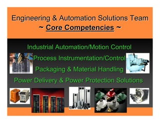 Engineering & Automation Solutions Team
       ~ Core Competencies ~

    Industrial Automation/Motion Control
      Process Instrumentation/Control
       Packaging & Material Handling
Power Delivery & Power Protection Solutions
 