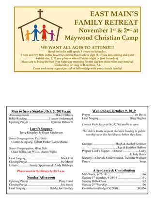 EAST MAIN’S
FAMILY RETREAT
November 1st & 2nd at
Maywood Christian Camp
WE WANT ALL AGES TO ATTEND!!!!
Reed Swindle will speak 3 times on Saturday.
There are two lists in the foyer beside the tract rack to sign (1. If you are coming and your
t-shirt size, 2. If you plan to attend Friday night or just Saturday).
Plans are to bring the bus over Saturday morning for the day for those who may not feel
comfortable driving to Hamilton, AL.
Come and enjoy a great period of fellowship with your church family!
Men to Serve Sunday, Oct. 6, 2019 a.m.
Announcements...................................Mike Childers
Bible Reading..............................Hunter Underwood
Opening Prayer ............................ Rommie Dilworth
Lord’s Supper
Terry Kingsley & Roger Sanderson
Serve Congregation, East Side:
Clinton Kingsley, Robert Parker, Jalon Mansel
Serve Congregation, West Side:
Chad Willis, Ian Willis, Aaron Willis
Lead Singing..............................................Mark Hitt
Closing Prayer........................................... Joe Minor
Ushers .............. Jimmy Spearman & Andy Baldwyn
Please meet in the library by 8:45 a.m.
Sunday Afternoon
Opening Prayer ....................................... Perry Hand
Closing Prayer............................................Joe Smith
Lead Singing...............................Bobby Joe Lindley
Wednesday, October 9, 2019
Prayer........................................................Tim Davis
Lead Singing........................................ Greg Hughes
Contact Wade Bryan (419-5552) if unable to serve.
The elders kindly request that men leading in public
worship wear the best dress clothes they have.
Greeters .............................Hugh & Rachel Scribner
..................................Lee & Heather DuBois
Prepare Lord’s Supper—October .....................Larry
& Judy Bates
Nursery....Chevela Underwood & Twinette Wallace
Pantry................................................................ Soup
Attendance & Contribution
Mid-Week, 9-25-19..............................................176
Sunday 1st
Worship, 9-29-19 ...............................191
Sunday Bible Class ..............................................195
Sunday 2nd
Worship.............................................196
Contribution (budget $7,900)..........................$8,856
 