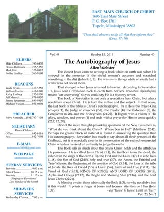 4
Vol. 44 October 15, 2019 Number 40
The Autobiography of Jesus
Allen Webster
The closest Jesus came to writing a book whi...