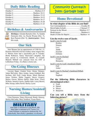 Community Outreach
Item: Garbage bags
Daily Bible Reading
October 3...............................................Matthew 8-9
October 4...........................................Matthew 10-11
October 5...........................................Matthew 12-13
October 6...........................................Matthew 14-15
October 7...........................................Matthew 16-17
October 8...........................................Matthew 18-20
October 9...........................................Matthew 21-22
Birthdays & Anniversaries
Birthdays: Glenda Barnette (Oct. 5), Sandra
Simmons (Oct. 6), Nicole Wynne (Oct. 7),
Ken Pearson (Oct. 9). Anniversaries: None
this week.
Our Sick
Jean Mounce has an appointment at UAB Oct. 15.
Rommie Dilworth will have kidney stone surgery Oct.
8. Marlon Geno had a pacemaker put in Tuesday.
Bretta Robinson, Nancy Haywood’s daughter, has
been moved to Cornerstone Rehab. in Corinth.
Malachi Millard was released from his ENT at
LeBonheur Friday. Ava Bates is home sick.
On-Going Illnesses
Laverne Raper, Frankie Estes, Donny Dulaney,
Adam McCurley, Mary Jordan, James Goddard, Ray
Scribner, Bill Goff, Linda Bryan, Mitch Maclean,
James Nichols, Sheba Tuggers, Sherry Gregory,
Shirley Owens, Mickey Bailey, Mike Scott, Tracey
Wilburn, Sammy Carson, Nathan Hale, Leroy Brown,
Mike Stroup, Jadon Parish, Shirley Lyons
Nursing Homes/Assisted
Living
Clara Simmons, Nancy Haywood, Randy Attaway,
Shirley McCarthy, Mary Southern, Veona Harris
Home Devotional
In what chapter of the Bible do you find?
Ten Commandments.................................Exodus 20
David fights Goliath...............................1 Samuel 17
Sermon on the Mount............................Matthew 5-7
Model prayer............................................ Matthew 6
Death of John the Baptist....................... Matthew 14
List the twelve sons of Jacob:
Jacob’s sons by Leah:
Reuben
Simeon
Levi
Judah
Issachar
Zebulun
Jacob’s sons by Rachael:
Joseph
Benjamin
Jacob’s sons by Leah’s handmaid Zilpah:
Gad
Asher
Jacob’s sons by Rachael’s handmaid Bilhah:
Dan
Naphtali
Put the following Bible characters in
chronological order:
➢ Noah
➢ Daniel
➢ Moses
➢ Benjamin
Can you tell a Bible story from the
following picture?
John Duke is stationed in Long Beach, MS.
Matt Duke is stationed in Ft. Carson, CO.
Caleb Williams is stationed in Jacksonville, NC.
Dylan Kelly, Steve Kelly’s grandson, is in Kuwait.
 