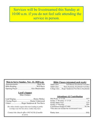 Men to Serve Sunday, Nov. 22, 2020 a.m.
Announcements..........................................Mark Hitt
Bible Reading...........................................Will Davis
Opening Prayer .............................Alex Blackwelder
Lord’s Supper
Mike Childers
Lead Singing......................................Donny McKay
Closing Prayer.............................Hunter Underwood
Ushers ......................Roger Sanderson & Tim Davis
The elders kindly request that men leading in public
worship wear the best dress clothes they have.
Contact the church office (842-6116) if unable
to serve.
Bible Classes (streamed each week)
Adult class................Jeff Mansel (Facebook/YouTube)
Adult class.......... Barry Kennedy (Facebook/YouTube)
College class.....Roger Sanderson/Tim Davis (Facebook)
Attendance & Contribution
Mid-Week, 11-11-20 ................................................ 107*
Sunday 1st
Worship, 11-15-20 ...................................... 31
Sunday Bible Class................................................... 122*
Sunday 2nd
Worship.................................................. 109*
Contribution (budget $7,900) ................................ $9,396
*This does not include the livestreamed views.
Pantry item.........................................................Jelly
Services will be livestreamed this Sunday at
10:00 a.m. if you do not feel safe attending the
service in person.
 