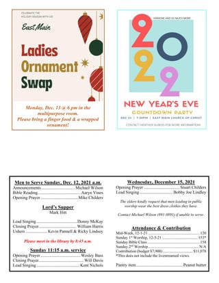 Monday, Dec. 13 @ 6 pm in the
multipurpose room.
Please bring a finger food & a wrapped
ornament!
Men to Serve Sunday, Dec. 12, 2021 a.m.
Announcements................................Michael Wilson
Bible Reading........................................ Aaryn Vines
Opening Prayer ...................................Mike Childers
Lord’s Supper
Mark Hitt
Lead Singing......................................Donny McKay
Closing Prayer................................... William Harris
Ushers .................... Kevin Pannell & Ricky Lindsey
Please meet in the library by 8:45 a.m.
Sunday 11:15 a.m. service
Opening Prayer .....................................Wesley Bass
Closing Prayer..........................................Will Davis
Lead Singing........................................ Kent Nichols
Wednesday, December 15, 2021
Opening Prayer ................................. Stuart Childers
Lead Singing...............................Bobby Joe Lindley
The elders kindly request that men leading in public
worship wear the best dress clothes they have.
Contact Michael Wilson (891-0891) if unable to serve.
Attendance & Contribution
Mid-Week, 12-1-21 .................................................... 120
Sunday 1st
Worship, 12-5-21 .................................... 153*
Sunday Bible Class..................................................... 158
Sunday 2nd
Worship................................................... N/A
Contribution (budget $7,900) .............................. $11,078
*This does not include the livestreamed views.
Pantry item........................................... Peanut butter
 