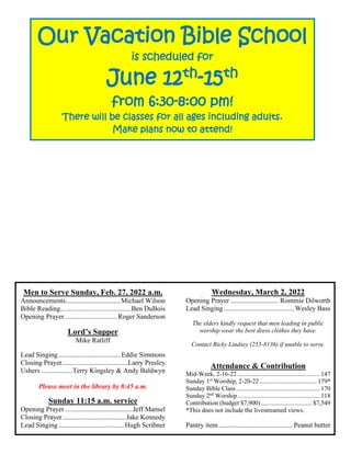 Men to Serve Sunday, Feb. 27, 2022 a.m.
Announcements................................Michael Wilson
Bible Reading.........................................Ben DuBois
Opening Prayer ..............................Roger Sanderson
Lord’s Supper
Mike Ratliff
Lead Singing....................................Eddie Simmons
Closing Prayer......................................Larry Presley
Ushers ..................Terry Kingsley & Andy Baldwyn
Please meet in the library by 8:45 a.m.
Sunday 11:15 a.m. service
Opening Prayer .......................................Jeff Mansel
Closing Prayer.....................................Jake Kennedy
Lead Singing......................................Hugh Scribner
Wednesday, March 2, 2022
Opening Prayer ............................ Rommie Dilworth
Lead Singing.........................................Wesley Bass
The elders kindly request that men leading in public
worship wear the best dress clothes they have.
Contact Ricky Lindsey (255-8136) if unable to serve.
Attendance & Contribution
Mid-Week, 2-16-22 .................................................... 147
Sunday 1st
Worship, 2-20-22 .................................... 179*
Sunday Bible Class..................................................... 170
Sunday 2nd
Worship.................................................... 118
Contribution (budget $7,900) ................................ $7,549
*This does not include the livestreamed views.
Pantry item........................................... Peanut butter
Our Vacation Bible School
is scheduled for
June 12th
-15th
from 6:30-8:00 pm!
There will be classes for all ages including adults.
Make plans now to attend!
 