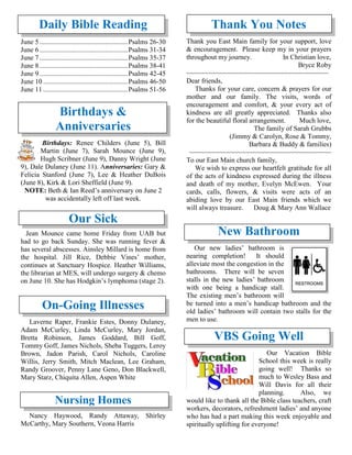 Daily Bible Reading
June 5 ...................................................Psalms 26-30
June 6 ...................................................Psalms 31-34
June 7 ...................................................Psalms 35-37
June 8 ...................................................Psalms 38-41
June 9 ...................................................Psalms 42-45
June 10 .................................................Psalms 46-50
June 11 .................................................Psalms 51-56
Birthdays &
Anniversaries
Birthdays: Renee Childers (June 5), Bill
Martin (June 7), Sarah Mounce (June 9),
Hugh Scribner (June 9), Danny Wright (June
9), Dale Dulaney (June 11). Anniversaries: Gary &
Felicia Stanford (June 7), Lee & Heather DuBois
(June 8), Kirk & Lori Sheffield (June 9).
NOTE: Beth & Ian Reed’s anniversary on June 2
was accidentally left off last week.
Our Sick
Jean Mounce came home Friday from UAB but
had to go back Sunday. She was running fever &
has several abscesses. Ainsley Millard is home from
the hospital. Jill Rice, Debbie Vines’ mother,
continues at Sanctuary Hospice. Heather Williams,
the librarian at MES, will undergo surgery & chemo
on June 10. She has Hodgkin’s lymphoma (stage 2).

On-Going Illnesses
Laverne Raper, Frankie Estes, Donny Dulaney,
Adam McCurley, Linda McCurley, Mary Jordan,
Bretta Robinson, James Goddard, Bill Goff,
Tommy Goff, James Nichols, Sheba Tuggers, Leroy
Brown, Jadon Parish, Carol Nichols, Caroline
Willis, Jerry Smith, Mitch Maclean, Lee Graham,
Randy Groover, Penny Lane Geno, Don Blackwell,
Mary Starz, Chiquita Allen, Aspen White
Nursing Homes
Nancy Haywood, Randy Attaway, Shirley
McCarthy, Mary Southern, Veona Harris
Thank You Notes
Thank you East Main family for your support, love
& encouragement. Please keep my in your prayers
throughout my journey. In Christian love,
Bryce Roby
~~~~~~~~~~~~~~~~~~~~~~~~~~~~~~~~~~~~~~
Dear friends,
Thanks for your care, concern & prayers for our
mother and our family. The visits, words of
encouragement and comfort, & your every act of
kindness are all greatly appreciated. Thanks also
for the beautiful floral arrangement. Much love,
The family of Sarah Grubbs
(Jimmy & Carolyn, Rose & Tommy,
Barbara & Buddy & families)
~~~~~~~~~~~~~~~~~~~~~~~~~~~~~~~~~~~~~~
To our East Main church family,
We wish to express our heartfelt gratitude for all
of the acts of kindness expressed during the illness
and death of my mother, Evelyn McEwen. Your
cards, calls, flowers, & visits were acts of an
abiding love by our East Main friends which we
will always treasure. Doug & Mary Ann Wallace
New Bathroom
Our new ladies’ bathroom is
nearing completion! It should
alleviate most the congestion in the
bathrooms. There will be seven
stalls in the new ladies’ bathroom
with one being a handicap stall.
The existing men’s bathroom will
be turned into a men’s handicap bathroom and the
old ladies’ bathroom will contain two stalls for the
men to use.
VBS Going Well
Our Vacation Bible
School this week is really
going well! Thanks so
much to Wesley Bass and
Will Davis for all their
planning. Also, we
would like to thank all the Bible class teachers, craft
workers, decorators, refreshment ladies’ and anyone
who has had a part making this week enjoyable and
spiritually uplifting for everyone!
 