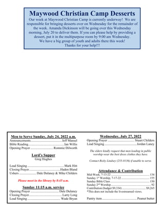 Men to Serve Sunday, July 24, 2022 a.m.
Announcements.......................................Jeff Mansel
Bible Reading.............................................Ian Willis
Opening Prayer ............................ Rommie Dilworth
Lord’s Supper
Greg Hughes
Lead Singing..............................................Mark Hitt
Closing Prayer.......................................Haden Bland
Ushers ..................... Dale Dulaney & Mike Childers
Please meet in the library by 8:45 a.m.
Sunday 11:15 a.m. service
Opening Prayer ................................... Dale Dulaney
Closing Prayer......................................... Larry Long
Lead Singing......................................... Wade Bryan
Wednesday, July 27, 2022
Opening Prayer ................................. Stuart Childers
Lead Singing........................................Jordan Laney
The elders kindly request that men leading in public
worship wear the best dress clothes they have.
Contact Ricky Lindsey (255-8136) if unable to serve.
Attendance & Contribution
Mid-Week, 7-13-22 .................................................... 134
Sunday 1st
Worship, 7-17-22 ...................................... 155
Sunday Bible Class..................................................... 150
Sunday 2nd
Worship...................................................... 92
Contribution (budget $9,334) ................................ $9,265
*This does not include the livestreamed views.
Pantry item........................................... Peanut butter
Maywood Christian Camp Desserts
Our week at Maywood Christian Camp is currently underway! We are
responsible for bringing desserts over on Wednesday for the remainder of
the week. Amanda Dickinson will be going over this Wednesday
morning, July 20 to deliver them. If you can please help by providing a
dessert, put it in the multipurpose room by 9:00 am Wednesday.
We have a big group of youth and adults there this week!
Thanks for your help!!!
 