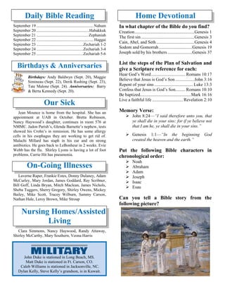 Daily Bible Reading
September 19 ........................................................ Nahum
September 20 ....................................................Habakkuk
September 21 ...................................................Zephaniah
September 22 ........................................................ Haggai
September 23 ..............................................Zechariah 1-2
September 24 ..............................................Zechariah 3-4
September 25 ..............................................Zechariah 5-6
Birthdays & Anniversaries
Birthdays: Andy Baldwyn (Sept. 20), Maggie
Simineau (Sept. 22), Derik Rushing (Sept. 23),
Tate Malone (Sept. 24). Anniversaries: Barry
& Berta Kennedy (Sept. 20).
Our Sick
Jean Mounce is home from the hospital. She has an
appointment at UAB in October. Bretta Robinson,
Nancy Haywood’s daughter, continues in room 576 at
NMMC. Jadon Parish’s, Glenda Barnette’s nephew, tests
showed his Crohn’s in remission. He has some allergy
cells in his esophagus they are working to get rid of.
Malachi Millard has staph in his ear and on strong
antibiotics. He goes back to LeBonheur in 2 weeks. Evie
Webb has the flu. Shirley Lyons is having a lot of foot
problems. Carrie Hit has pneumonia.
On-Going Illnesses
Laverne Raper, Frankie Estes, Donny Dulaney, Adam
McCurley, Mary Jordan, James Goddard, Ray Scribner,
Bill Goff, Linda Bryan, Mitch Maclean, James Nichols,
Sheba Tuggers, Sherry Gregory, Shirley Owens, Mickey
Bailey, Mike Scott, Tracey Wilburn, Sammy Carson,
Nathan Hale, Leroy Brown, Mike Stroup
Nursing Homes/Assisted
Living
Clara Simmons, Nancy Haywood, Randy Attaway,
Shirley McCarthy, Mary Southern, Veona Harris
Home Devotional
In what chapter of the Bible do you find?
Creation......................................................Genesis 1
The first sin ................................................Genesis 3
Cain, Abel, and Seth ..................................Genesis 4
Sodom and Gomorrah..............................Genesis 19
Joseph sold by his brothers ......................Genesis 37
List the steps of the Plan of Salvation and
give a Scripture reference for each:
Hear God’s Word............................... Romans 10:17
Believe that Jesus is God’s Son .................John 3:16
Repent of your sins ................................... Luke 13:3
Confess that Jesus is God’s Son......... Romans 10:10
Be baptized..............................................Mark 16:16
Live a faithful life ............................Revelation 2:10
Memory Verse:
➢ John 8:24—“I said therefore unto you, that
ye shall die in your sins: for if ye believe not
that I am he, ye shall die in your sins.”
➢ Genesis 1:1—“In the beginning God
created the heaven and the earth.”
Put the following Bible characters in
chronological order:
➢ Noah
➢ Abraham
➢ Adam
➢ Joseph
➢ Isaac
➢ Esau
Can you tell a Bible story from the
following picture?
John Duke is stationed in Long Beach, MS.
Matt Duke is stationed in Ft. Carson, CO.
Caleb Williams is stationed in Jacksonville, NC.
Dylan Kelly, Steve Kelly’s grandson, is in Kuwait.
 