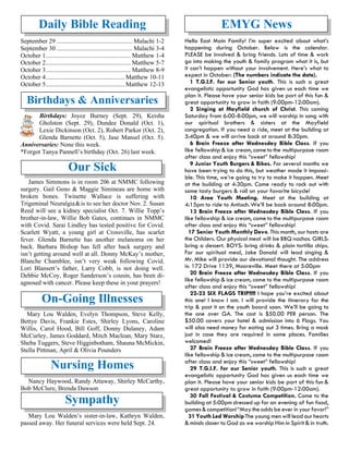 Daily Bible Reading
September 29 ................................................ Malachi 1-2
September 30 ..................