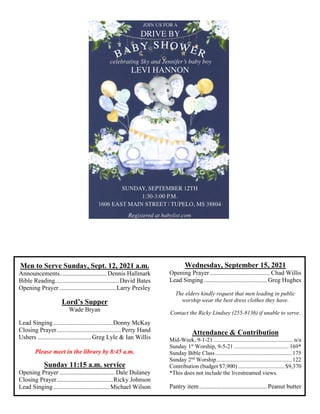 Men to Serve Sunday, Sept. 12, 2021 a.m.
Announcements.............................. Dennis Hallmark
Bible Reading.........................................David Bates
Opening Prayer ....................................Larry Presley
Lord’s Supper
Wade Bryan
Lead Singing......................................Donny McKay
Closing Prayer......................................... Perry Hand
Ushers .................................. Greg Lyle & Ian Willis
Please meet in the library by 8:45 a.m.
Sunday 11:15 a.m. service
Opening Prayer ................................... Dale Dulaney
Closing Prayer....................................Ricky Johnson
Lead Singing....................................Michael Wilson
Wednesday, September 15, 2021
Opening Prayer ...................................... Chad Willis
Lead Singing........................................ Greg Hughes
The elders kindly request that men leading in public
worship wear the best dress clothes they have.
Contact the Ricky Lindsey (255-8136) if unable to serve.
Attendance & Contribution
Mid-Week, 9-1-21 ....................................................... n/a
Sunday 1st
Worship, 9-5-21 ...................................... 169*
Sunday Bible Class..................................................... 175
Sunday 2nd
Worship.................................................... 122
Contribution (budget $7,900) ................................ $9,370
*This does not include the livestreamed views.
Pantry item........................................... Peanut butter
 