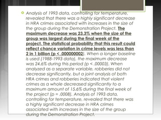  Analysis of 1993 data, controlling for temperature, 
revealed that there was a highly significant decrease 
in HRA crimes associated with increases in the size of 
the group during the Demonstration Project. The 
maximum decrease was 23.3% when the size of the 
group was largest during the final week of the 
project. The statistical probability that this result could 
reflect chance variation in crime levels was less than 
2 in 1 billion (p < .000000002). When a longer baseline 
is used (1988-1993 data), the maximum decrease 
was 24.6% during this period (p < .00003). When 
analyzed as a separate variable, robberies did not 
decrease significantly, but a joint analysis of both 
HRA crimes and robberies indicated that violent 
crimes as a whole decreased significantly to a 
maximum amount of 15.6% during the final week of 
the project (p = .0008). Analysis of 1993 data, 
controlling for temperature, revealed that there was 
a highly significant decrease in HRA crimes 
associated with increases in the size of the group 
during the Demonstration Project. 
 
