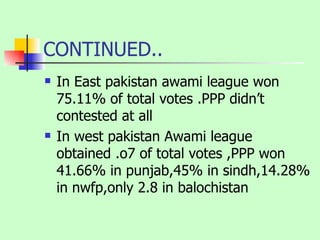 CONTINUED.. In East pakistan awami league won 75.11% of total votes .PPP didn’t contested at all In west pakistan Awami league obtained .o7 of total votes ,PPP won 41.66% in punjab,45% in sindh,14.28% in nwfp,only 2.8 in balochistan 