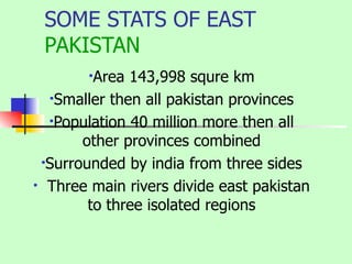 SOME STATS OF EAST  PAKISTAN Area 143,998 squre km Smaller then all pakistan provinces Population 40 million more then all other provinces combined Surrounded by india from three sides Three main rivers divide east pakistan to three isolated regions 