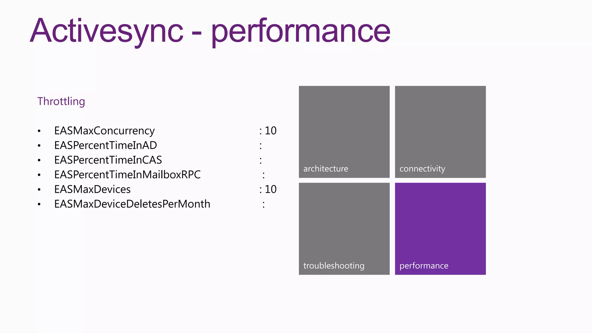 Activesync - performance
Throttling

•   EASMaxConcurrency             : 10
•   EASPercentTimeInAD            :
•   EASPercentTimeInCAS           :
                                         architecture      connectivity
•   EASPercentTimeInMailboxRPC      :
•   EASMaxDevices                 : 10
•   EASMaxDeviceDeletesPerMonth     :




                                         troubleshooting   performance
 