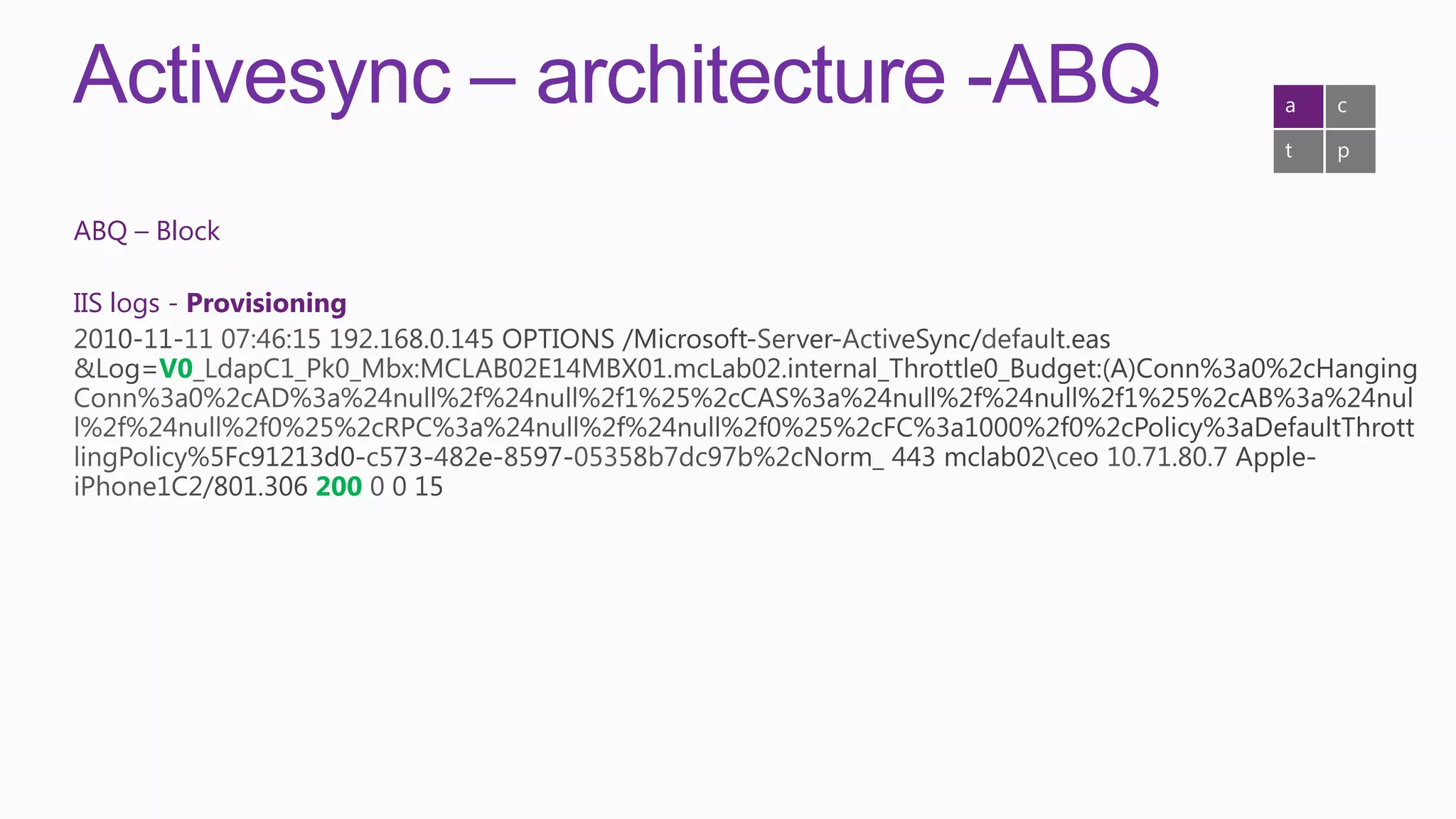 Activesync – architecture -ABQ   a   c

                                 t   p


ABQ – Block

IIS logs - Provisioning

       V0



                    200
 