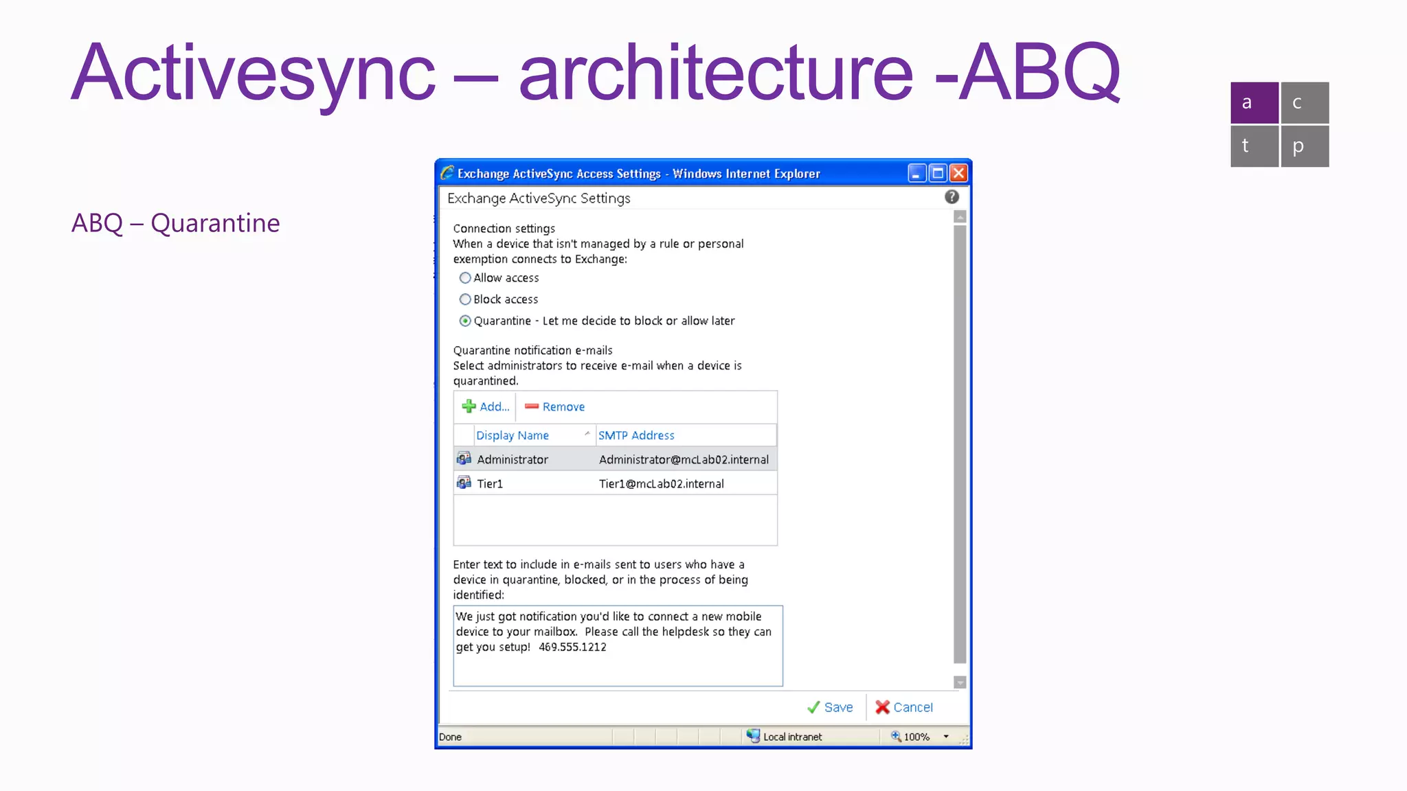 Activesync – architecture -ABQ   a   c

                                 t   p


ABQ – Quarantine
 